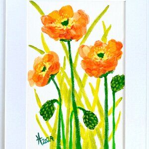 Orange Poppies 2 Original Wall Art Acrylic Painting White Mat 8x10in Frame Ready